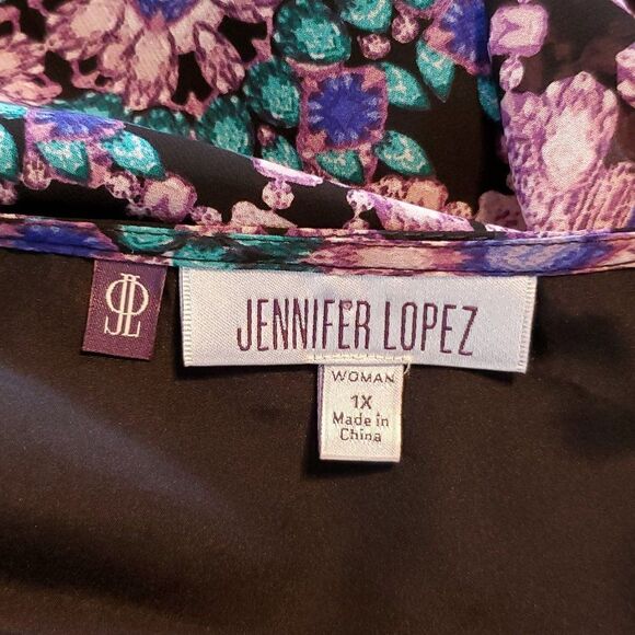 NEW Jennifer Lopez Cold Shoulder Blouse 1X Abstract Jewelry Print Black Purple - Picture 8 of 10